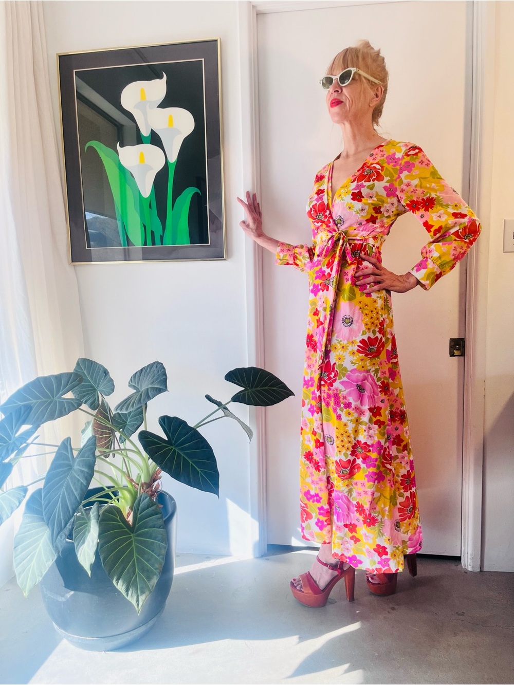 Vintage Pink and Yellow Floral Wrap Maxi Robe